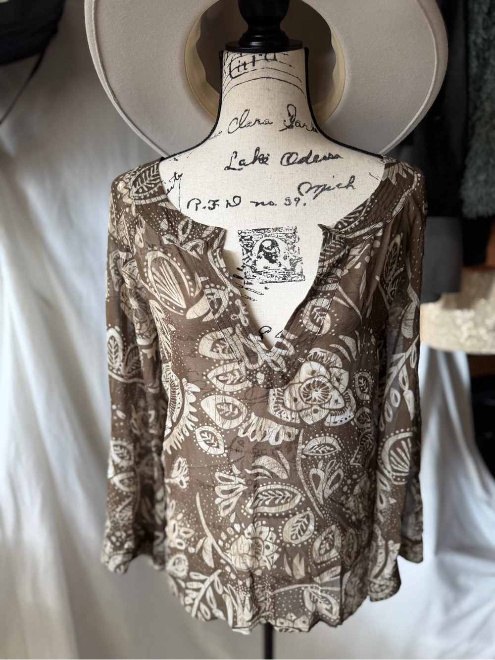 Spiegel Brown and Cream Paisley V-Neck 100% Silk Sheer Blouse